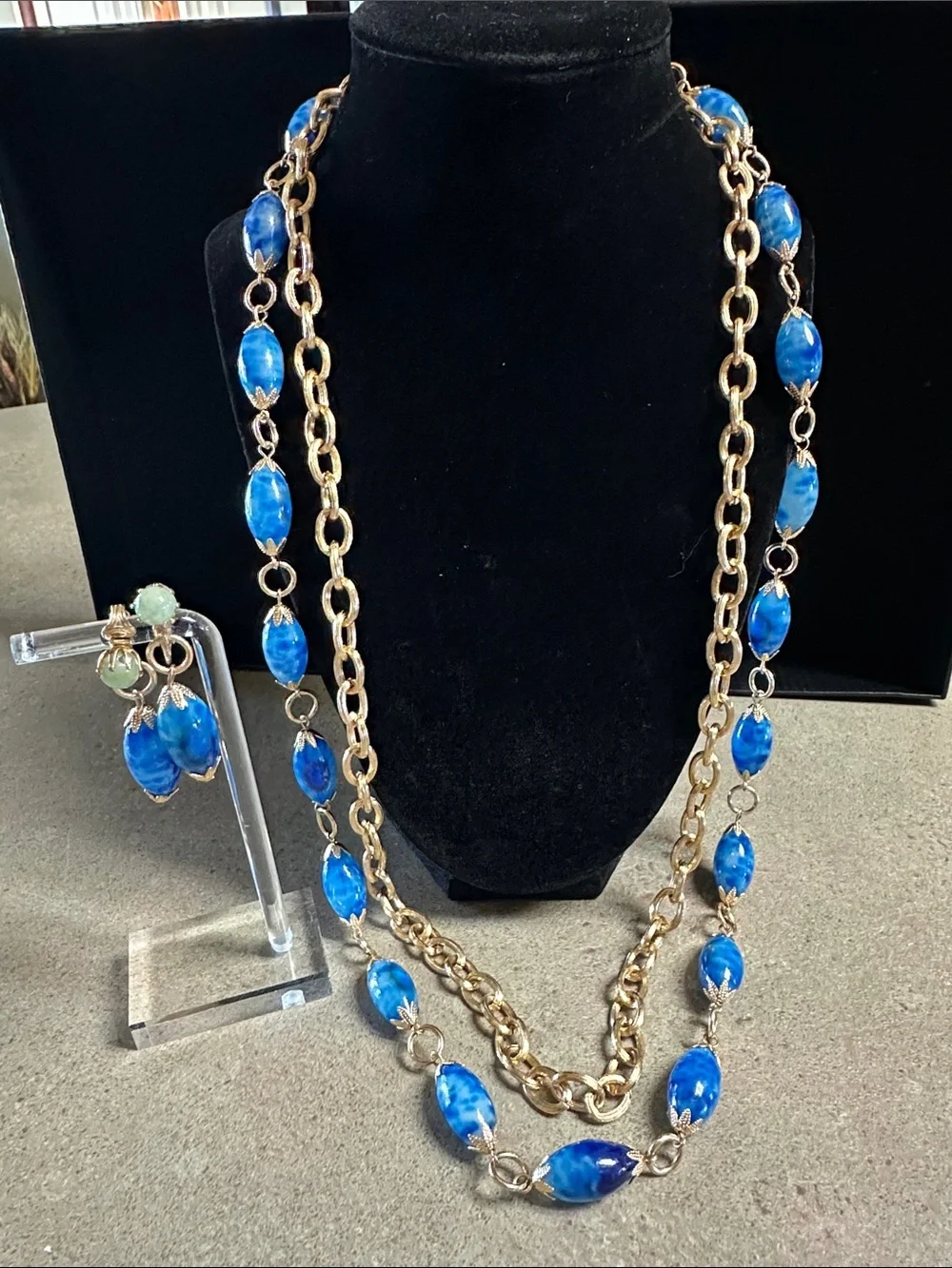 Vintage Hong Kong Multi Strand Blue Marbled Bead Necklace & Earring Set